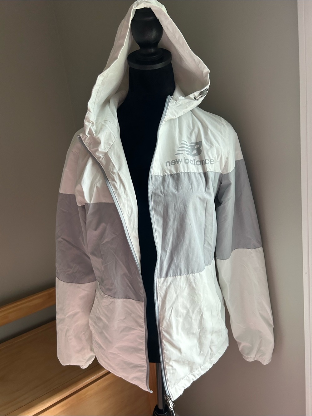 New Balance White and Light Gray Hooded Windbreaker Jacket